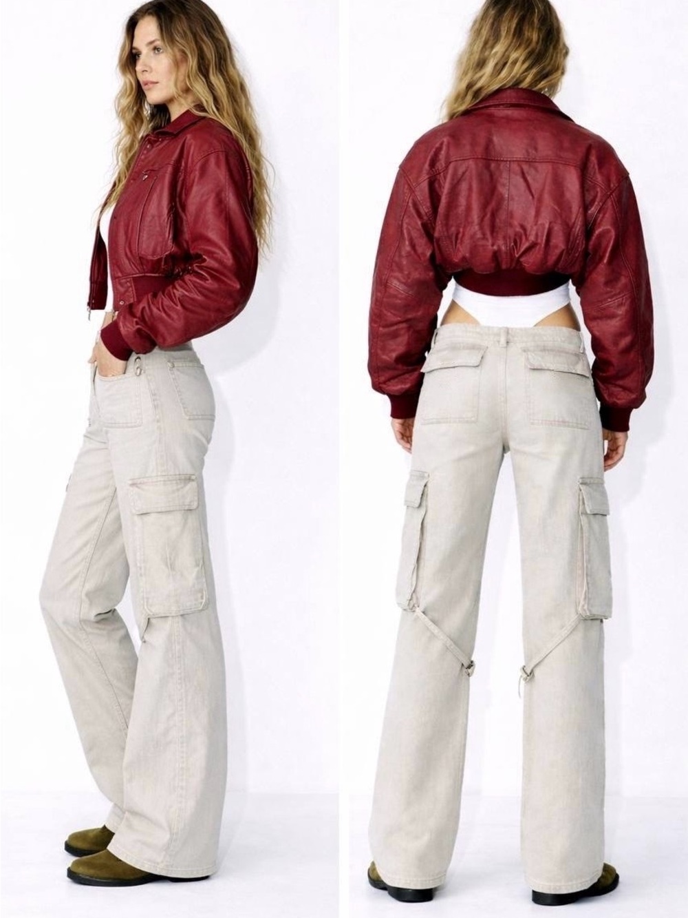 Zara Beige Wide Leg Cargo Jeans with Strap Details